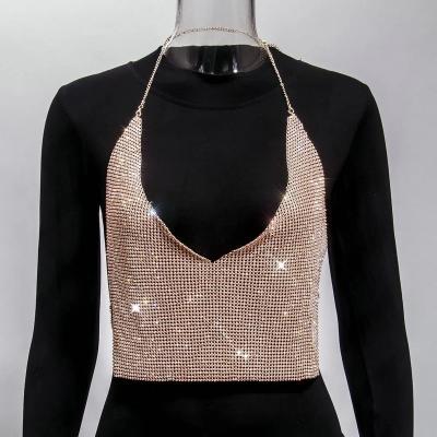 China Sexy Champagne Color Women Crystal Party Crop Top Backless Sparkle Deep V Drill Vest Bikini Body Jewelry for sale