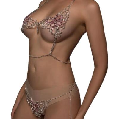 China Sexy Pretty Tassel Sexy Bra Women Waist Lingerie Pink Rhinestone Body Chain Card Diamond Tassel Set Jewelry for sale