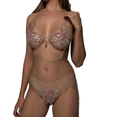 China Sexy Pretty Full Flower Bikini Lingerie Set Sexy Chest Bra Crystal Pink Rhinestone Body Chain Panties Card Diamond Tassel Set for sale