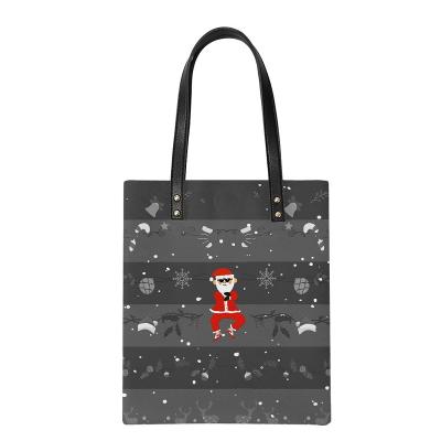 China Art Factory Customized Logo Literature And Christmas Printed PU Handbags Shopping Bag Santa Printing Tote Bag for sale