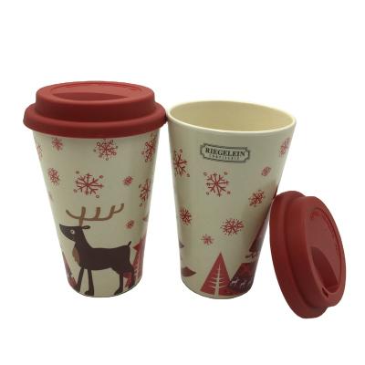 China Sustainable Natural Christmas Party Eco-friendly Biodegradable Bamboo Fiber Mug Takeaway Coffee Cups With Silicone Lid for sale