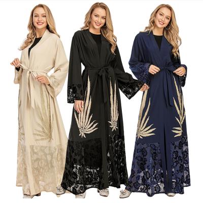 China Long Sleeve Solid Color Fashion Quilting Islamic Clothing Women Islamic Open Front Long Sleeve Dresses Dubai Muslim Abaya for sale