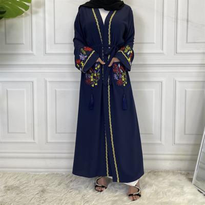 China New Embroidered Long Sleeve Dress Clothing Dress Solid Color Design Front Abaya New Muslim Islamic Women Long Open Front Abaya for sale