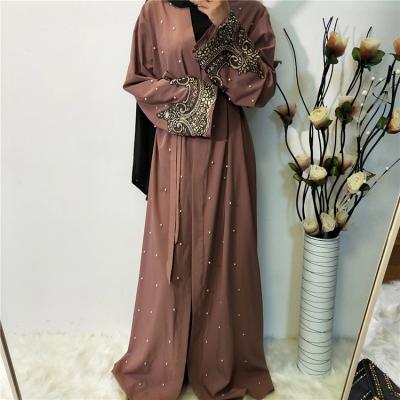 China Long Sleeve Solid Color Plus Size Women Kimono Abaya Embroidered Bead Islamic Clothing Abaya Cardigan Dubai Abaya for sale