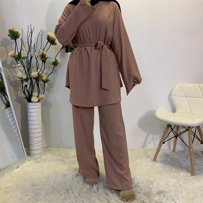 China Middle East Dubai Solid Color Long Sleeve Women Muslim Clothing Pants Tops Islamic Clothing Set Tunik and Muslim Pants Sets for sale