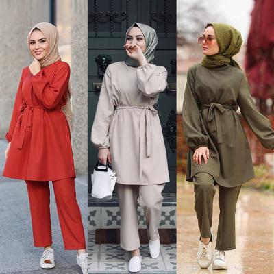 China Long Sleeve Solid Color Middle East Women Islamic Clothing Muslim Pants Set Solid Color Two Piece Tunik And Pants Muslim Sets for sale