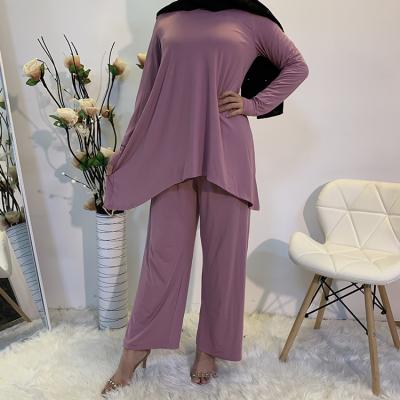 China Solid Color Middle East Women Long Sleeve Muslim Clothing Tunik And Turkish Muslim Pants Sets for sale