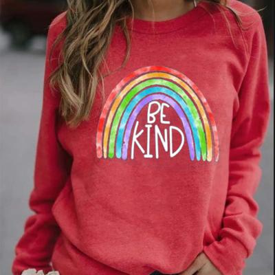 China 2021 New Anti-wrinkle ZACAVIA Women's Top Loose Rainbow BE KIND Letter Printed Round Neck Long Sleeve Autumn Pullover Female Sweatshirt for sale