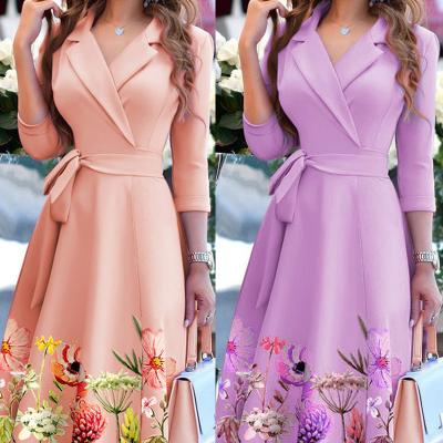 China 2021 Latest ZACAVIA Breathable Elegant Glamorous Ladies Fashion Suit Collar Dress Women's Long Sleeve Print Waist Closing Simple Long Dress for sale