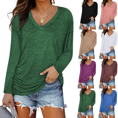 China 2021 New Autumn Ruched Anti-wrinkle V-Neck ZACAVIA Long Sleeve T-shirt Top Women Fashion Solid Pullover Ladies Retro Simple Loose T-shirt for sale