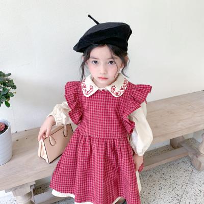 China Soft Embroidered Anti-wrinkle Spring Collar Long Sleeve Plaid Dress Set For Girls for sale