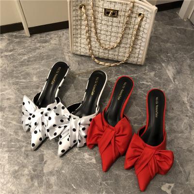 China Dot Style Bow Thin Heeled Slipper 2021 Korean Style Breathable Polka Dot Pointed Heeled Women's Slipper High Heel Semi Spring New for sale