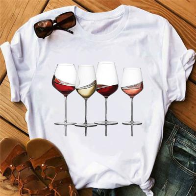 China 2021 summer new fashion viable short-sleeved T-shirt top women red wine glass printing for sale