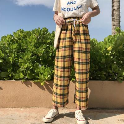 China Retro Harajuku Plaid Summer Cotton Loose Wide Leg Pants Ladies Drawstring Breathable Japanese Yellow Casual Ankle Length Wide Leg Pants for sale