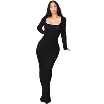 China 2022 Fashion Anti-Wrinkle Long Sleeve Collar Solid Color Stretch Bodycon Maxi Dress Solid Square Bodycon Maxi Dress Clubwear Party MA0016 for sale