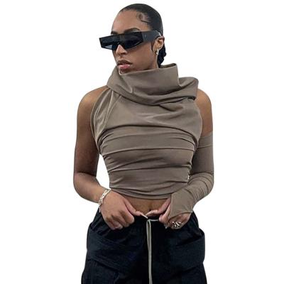 China MA0038 Spring Breathable Women Backless Hooded Blouse Shoulder Turtle Solid Neck Streetwear Casual Shirt Sexy Women Crop Top for sale