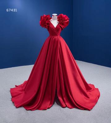 China Anti-wrinkle MAE0012 New Arrival Elegant A-line Prom Dress Simple Evening Gown Deep V Neck Red Satin 3D Flower Party Evening Dress for sale