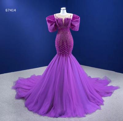 China Anti-wrinkle MAE0014 Mermaid evening gown prom purple tulle big lantern sleeve boat neck formal dress beading lace luxury evening party dress for sale