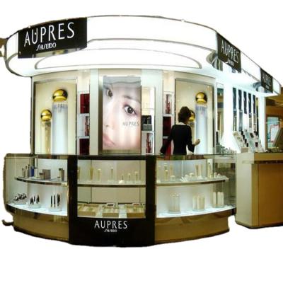 China Modern wooden shopping mall kiosk with glass cosmetic display showcase design and wooden display cabinet for sale