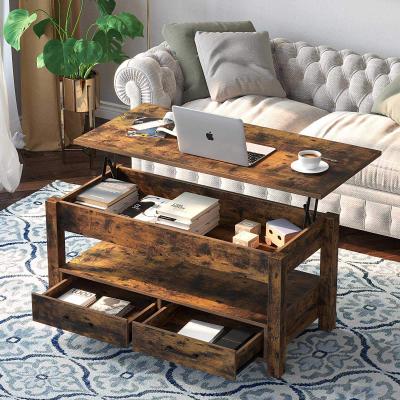 China Brown (Height) Retro Table Adjustable Center Lift Top Rustic Wood Coffee Table With Drawers And Hidden Compartment for sale