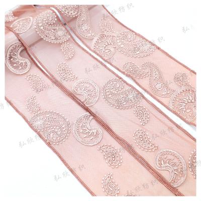 China Sustainable Elegant pink retro pattern can be customized with 7cm lace embroidery lace mesh fabric for sale