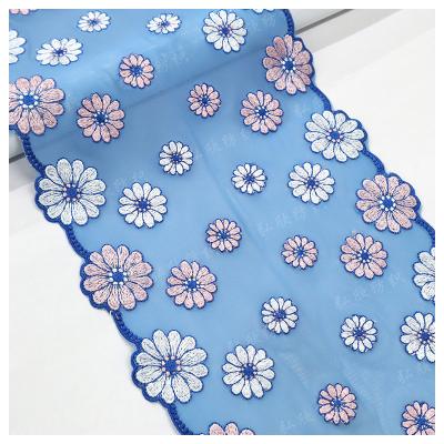 China Sustainable Elegant chrysanthemum pattern blue lace embroidered lingerie decoration mesh stretch fabric for sale