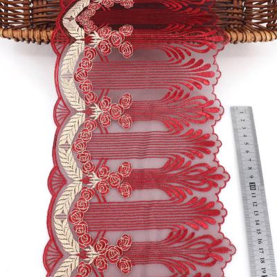 China Sustainable Charming Factory Price Gold Ears of Wheat and Red Rose Embroidered Lace flower lace trim for sale