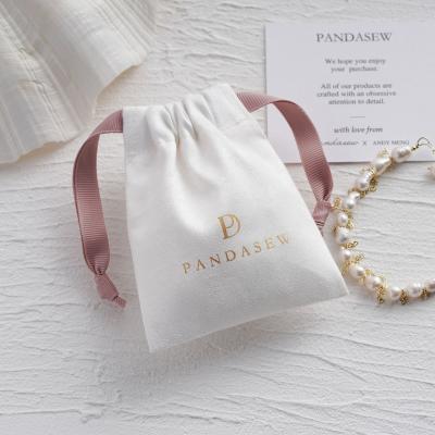 China PandaSew Logo Luxury Suede Drawstring Package Custom Jewelry Bag with Pink Ribbons Jewelry Pouch for sale