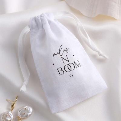 China PandaSew 13x8cm Natural Cotton Muslin Jewelry Pouch Printed Logo 100% Recyclable Custom Organic Drawstring Gift Wrapping Bag for sale