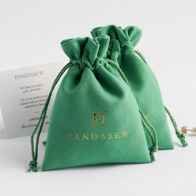 China Drawstring Bag PandaSew Green Velvet Suede Tote Jewelry Pouch Bag With Custom Logo for sale