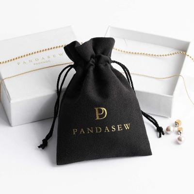 China Custom Drawstring Bag PandaSew Logo Luxury Black Suede Velvet Package Drawstring Jewelry Pouch Bag for sale