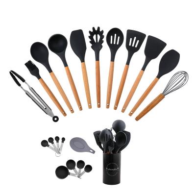 China Amazon Viable Kitchen Accessories 2022 15 Pcs Silicone Cookware Wooden Kitchenware Silicone Utensils for sale