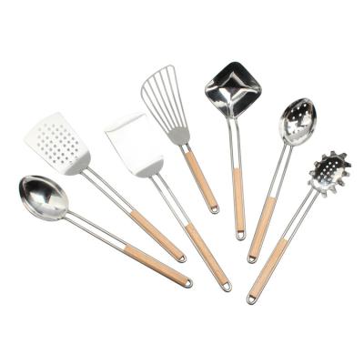 China Sustainable Walmart Kitchen Accessories Stainless Steel Kitchen Utensil Set - 7pcs Cookware Sets With Beech Wood Handle for sale