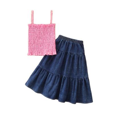 China Solid ENGLAND STYLE clothing sets blue cotton girls sleeveless denim skirt girls boutique outfits for sale