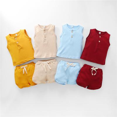 China Western Warm Summer Fashion Baby Clothes Set Ribbed Sleeveless Two Piece Set For Kids Children In Pure Color for sale