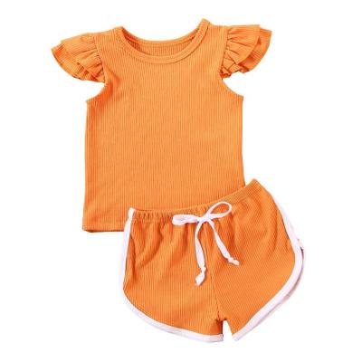 China Wholesale 2021 Summer Children's Western Clothing Fly Sleeve Rib Top And Rib Shorts Suits Pure Leisure Color Children Clothing Sets for sale