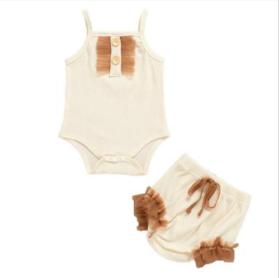 China 2021 Breathable Sleeveless Babies Romper Set Short Sleeve Bodysuit+PP Pants Beige Babies 2pcs Clothing Sets for sale