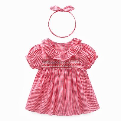 China Sweet Summer Style Baby Girl Plaid Dress Lantern Sleeve Red White Baby Dress for sale