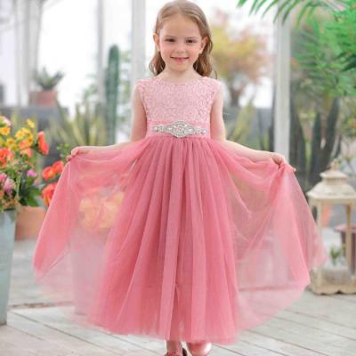 China Designs Plus Size Kids Dresses Lace Up Long Style Girl Dresses Diamond Waistband Backless Tulle Wedding Dresses for sale