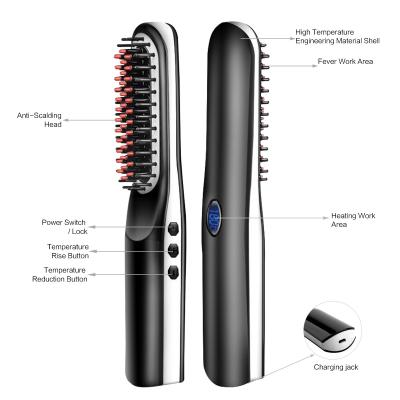 China Portable Cordless Hair Straightening Brush USB Rechargeable Mini beard straightener brush for sale