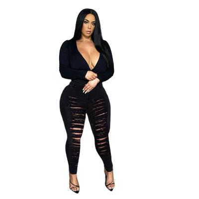 China QUICK DRY Hole Style Sheer Black European American Women's Pants Jeans Ripped Plus Size Women's Jeans Women's Jeans for sale