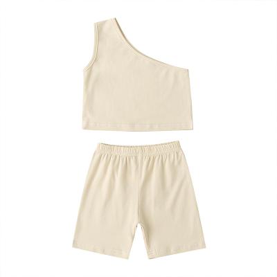 China Girl Casual Outfits 2021 Summer Baby Clothes 2 Pieces Toddler Girls One-shoulder Biker Shorts Top Set for sale