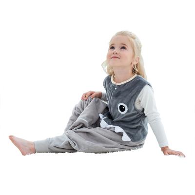 China Autumn Wearable Sleeveless Cartoon Boys Warm One-Piece Pajamas Sleep Flannel Baby Sale Shark Kids Gray Sleeping Bag for sale