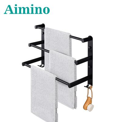 China Modern Black 3-Layer Wall Mounted Towel Rack Bathroom Towel Rack Towel Holder With Self Adhesive Aluminum Hook 40CM for sale