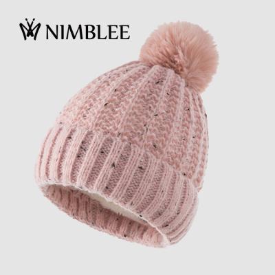 China New plain color women striped cuffed pompom plush hat beanie for sale