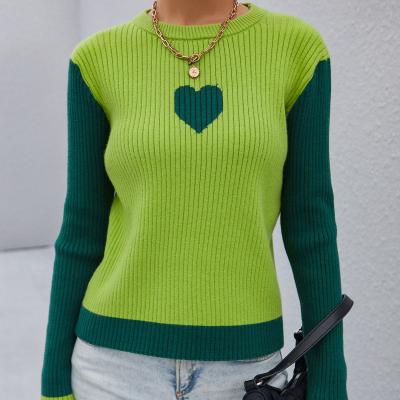 China Anti-wrinkle hot sale fashion ladies knitted sweater love pattern color block round neck knitted sweater for sale