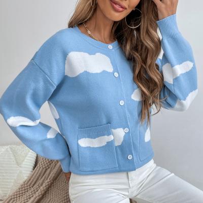 China New Fashion Ladies Anti-wrinkle Casual Loose Cardigan Cloud Pattern Long Sleeve Knitted Color-blocking Sweater for sale