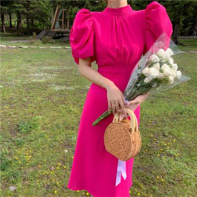 China French Size Rose Red Slim Waist Temperament Dress 2022 Summer Viable Lace Up Sleeve Halter Dress ZACAVIA New for sale