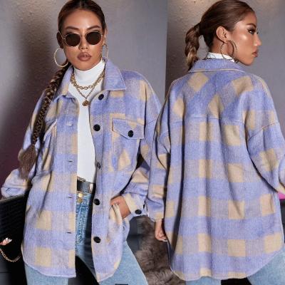 China Waterproof 2021 new winter women's straight purple plaid wool block wool casual shirt jacket color shirt jacket for sale