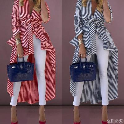 China Anti-pilling ZACAVIA 2021 hot style women's blue and white striped irregular top blouse long and short V-neck shirt for sale